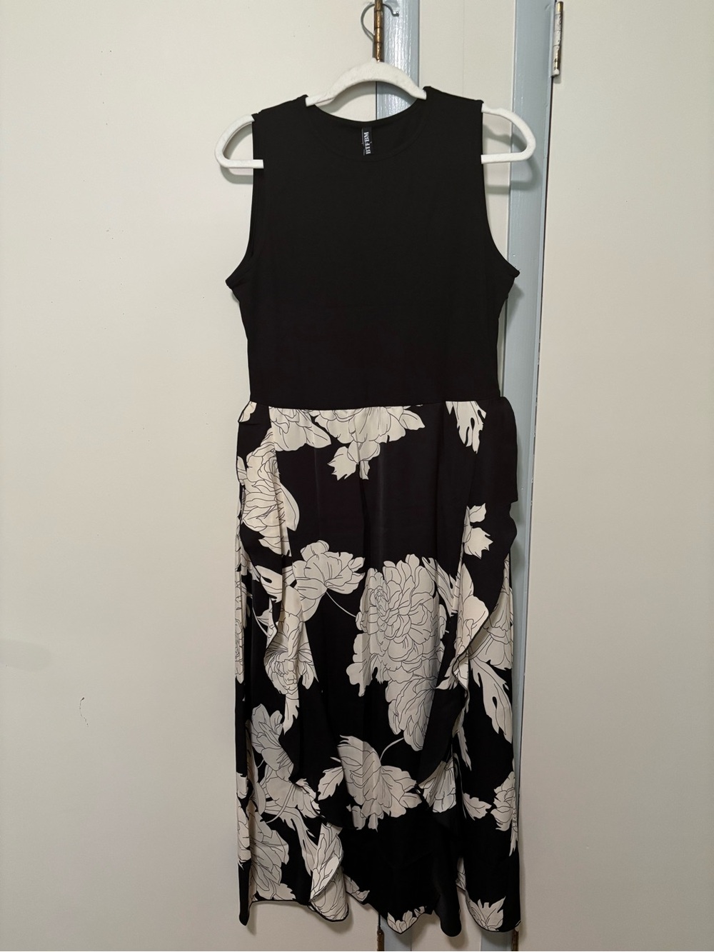 Sleeveless Black and Cream Floral Midi Dress